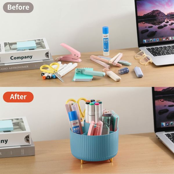 Desk Pencil Pen Holder,5 Slots 360°Degree Rotating Pencil Pen Organizers for Desk,Desktop Storage Stationery Supplies Organizer,Cute Pencil Cup Pot for Office,School,Home,Art Supply (Light Blue)