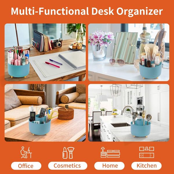 Desk Pencil Pen Holder,5 Slots 360°Degree Rotating Pencil Pen Organizers for Desk,Desktop Storage Stationery Supplies Organizer,Cute Pencil Cup Pot for Office,School,Home,Art Supply (Light Blue)