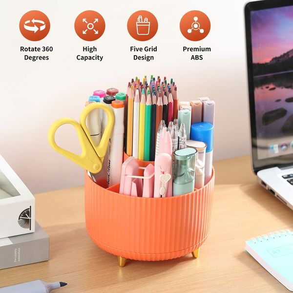 Desk Pencil Pen Holder,5 Slots 360°Degree Rotating Pencil Pen Organizers for Desk,Desktop Storage Stationery Supplies Organizer,Cute Pencil Cup Pot for Office,School,Home,Art Supply (Orange)