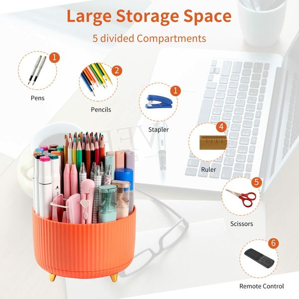 Desk Pencil Pen Holder,5 Slots 360°Degree Rotating Pencil Pen Organizers for Desk,Desktop Storage Stationery Supplies Organizer,Cute Pencil Cup Pot for Office,School,Home,Art Supply (Orange)