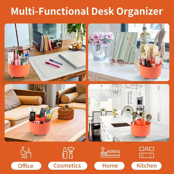 Desk Pencil Pen Holder,5 Slots 360°Degree Rotating Pencil Pen Organizers for Desk,Desktop Storage Stationery Supplies Organizer,Cute Pencil Cup Pot for Office,School,Home,Art Supply (Orange)