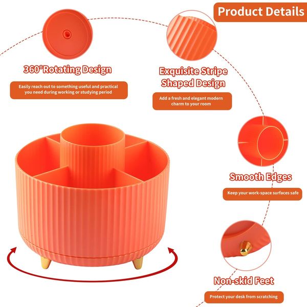 Desk Pencil Pen Holder,5 Slots 360°Degree Rotating Pencil Pen Organizers for Desk,Desktop Storage Stationery Supplies Organizer,Cute Pencil Cup Pot for Office,School,Home,Art Supply (Orange)