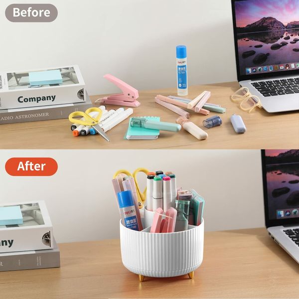 Desk Pencil Pen Holder,5 Slots 360°Degree Rotating Pencil Pen Organizers for Desk,Desktop Storage Stationery Supplies Organizer,Cute Pencil Cup Pot for Office,School,Home,Art Supply (White)