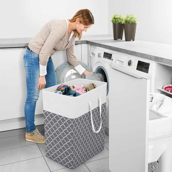 Laundry Basket Hamper Large Collapsible Laundry Hamper with Easy Carry Handles,Freestanding Clothes Hampers for Laundry,Bedroom,Dorm,Clothes,Towels,Toys (100L,Clover Grey)