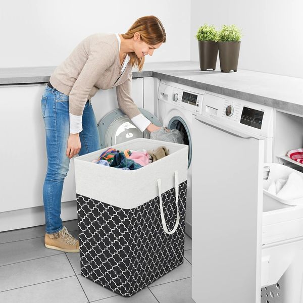 Laundry Basket Hamper Large Collapsible Laundry Hamper with Easy Carry Handles,Freestanding Clothes Hampers for Laundry,Bedroom,Dorm,Clothes,Towels,Toys (100L,Clover Black)