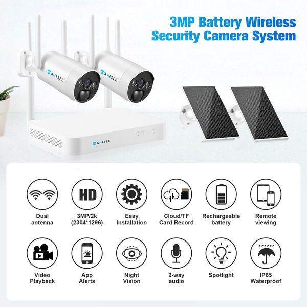 Wifi Security Cameras 2 Set Wireless CCTV Home Surveillance System Outdoor With 16CH NVR Solar Panel Battery