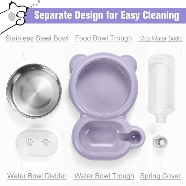 Dog Cat Bowls Pet Water Food Bowl Set with Auto Dispenser Bottle Detachable for Small Dogs Cats Rabbit-Purple