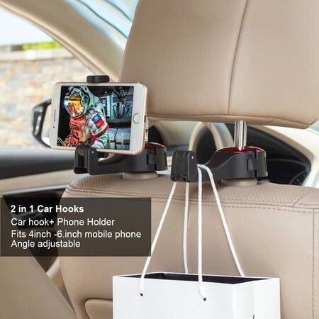 2 Pack Car Headrest Hidden Hook 2 in 1 Car Seat Hooks with Phone Holder for Purse, Backpacks,Toys, Bottle Storage Organizer (Red)