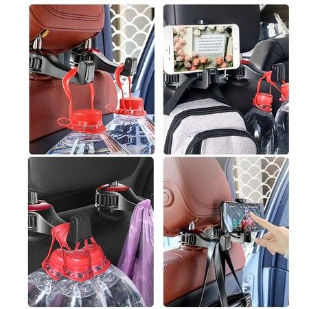 2 Pack Car Headrest Hidden Hook 2 in 1 Car Seat Hooks with Phone Holder for Purse, Backpacks,Toys, Bottle Storage Organizer (Red)