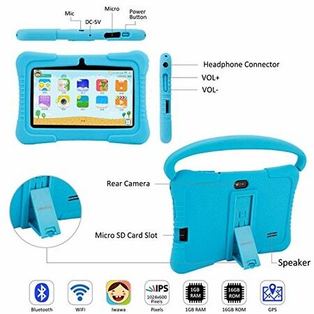 Veidoo Kids Tablet, 7 inch Android Tablet PC, 1GB RAM 16GB ROM, Safety Eye Protection Screen, Parental Control APP, Tablet with Silicone Case(Blue)