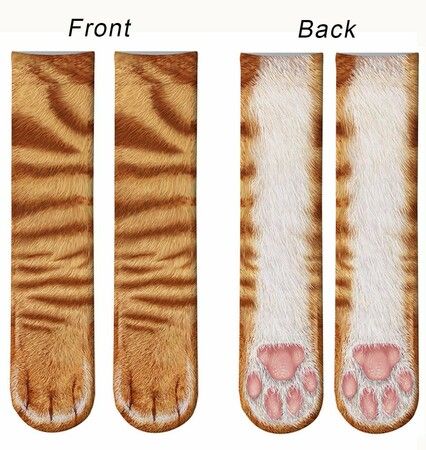 Two Pairs Animal Paws Socks - Funny 4D Animal Socks Crazy Cat Tiger Dog Paw Crew Socks Printed Socks Animal Socks For Gifts Orange Cat