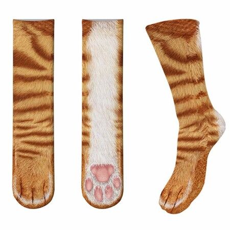 Two Pairs Animal Paws Socks - Funny 4D Animal Socks Crazy Cat Tiger Dog Paw Crew Socks Printed Socks Animal Socks For Gifts Orange Cat