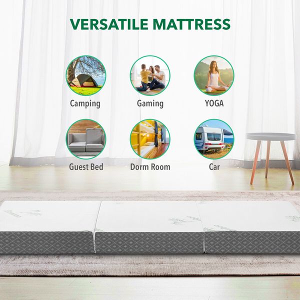 Folding Mattress Single Trifold Memory Foam Sofa Bed Portable Sleeping Floor Mat Camping Travel Cushion Extra Thick Bamboo Cover