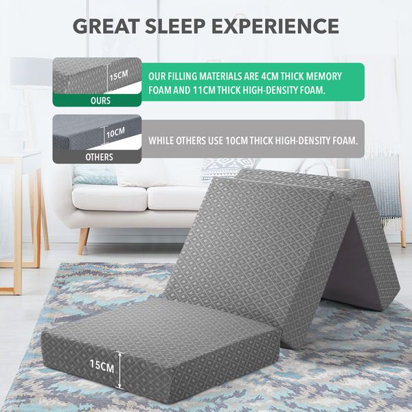 Single Mattress Trifold Foam Sofa Bed Foldable Sleeping Lounge Floor Mat Camping Portable Cushion Extra Thick Removable Cover