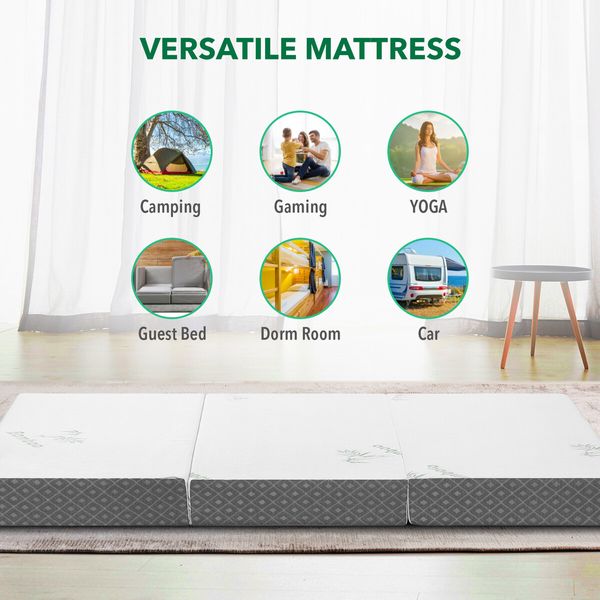 Folding Mattress Foam Trifold Sofa Bed Floor Portable Sleeping Mat Camp Guest Cushion Extra Thick Washable Bamboo Cover