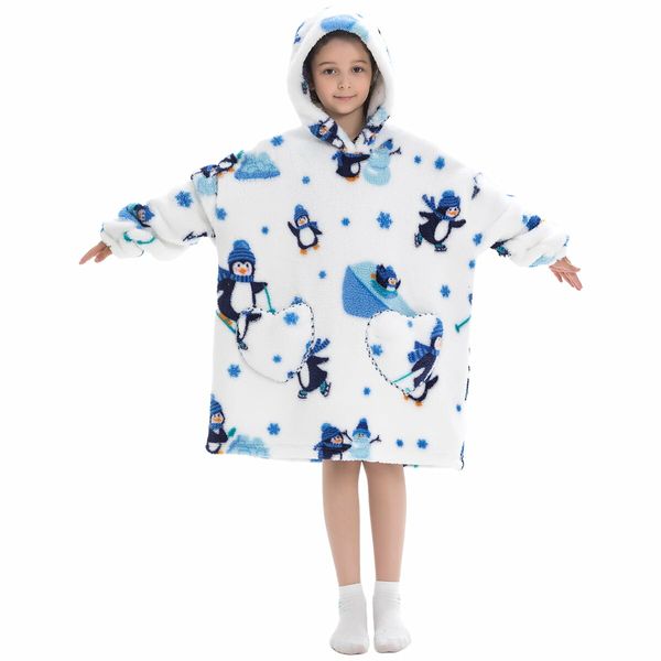 Wearable Blanket Hoodie,Oversized flannel Blanket Sweatshirt with Hood Pocket and Sleeves,Cozy Soft Warm Plush Hooded Blanket Penguin Adult Long Size