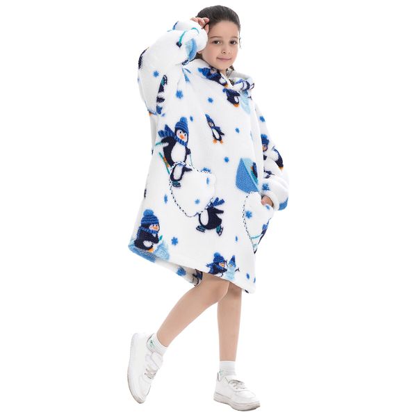 Wearable Blanket Hoodie,Oversized flannel Blanket Sweatshirt with Hood Pocket and Sleeves,Cozy Soft Warm Plush Hooded Blanket Penguin Adult Long Size