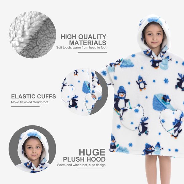 Wearable Blanket Hoodie,Oversized flannel Blanket Sweatshirt with Hood Pocket and Sleeves,Cozy Soft Warm Plush Hooded Blanket Penguin Adult Long Size