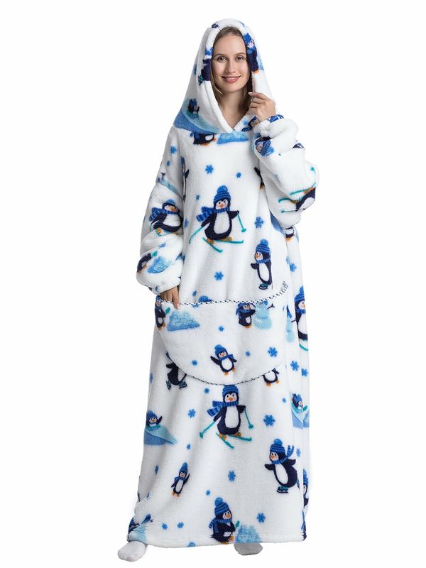 Wearable Blanket Hoodie,Oversized flannel Blanket Sweatshirt with Hood Pocket and Sleeves,Cozy Soft Warm Plush Hooded Blanket Penguin Adult Long Size