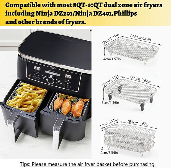 Air Fryer Rack for Ninja Dual Air Fryer, 3pcs Layered Dehydrator Racks Stainless Steel Grilling Rack