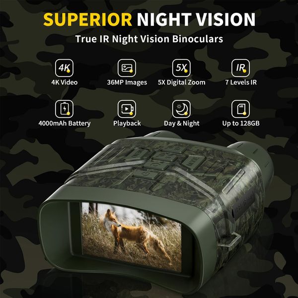 Night Vision Goggles,4K Night Vision Binoculars,3" Large Screen Binoculars can Save Photo and Video with 32GB Memory Card & Rechargeable Lithium Battery (Green)