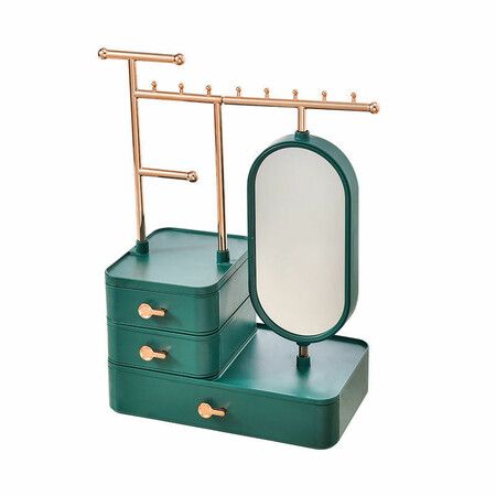 Jewelry Organizer with HD Mirror Bracelets Necklace Earring Organizer with 3 Layer Drawer- Green