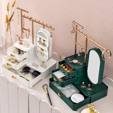 Jewelry Organizer with HD Mirror Bracelets Necklace Earring Organizer with 3 Layer Drawer- Green