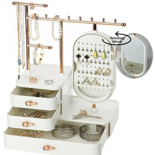 Jewelry Organizer with HD Mirror Bracelets Necklace Earring Organizer with 3 Layer Drawer- White & Gold