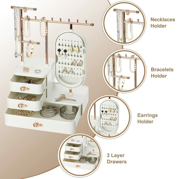 Jewelry Organizer with HD Mirror Bracelets Necklace Earring Organizer with 3 Layer Drawer- White & Gold