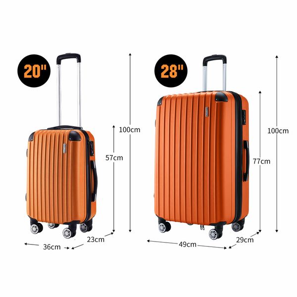 2 Piece Luggage Set Carry On Suitcases Travel Case Cabin Hard Shell Travelling Bags Hand Baggage Lightweight Rolling TSA Lock Orange