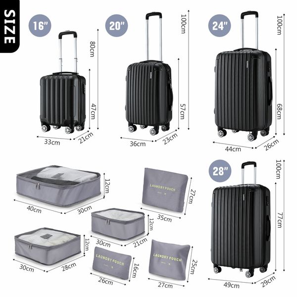 4 Piece Luggage Suitcase Set Carry On Traveller Bag Hard Shell TSA Lock Checked Trolley Rolling Lightweight Black