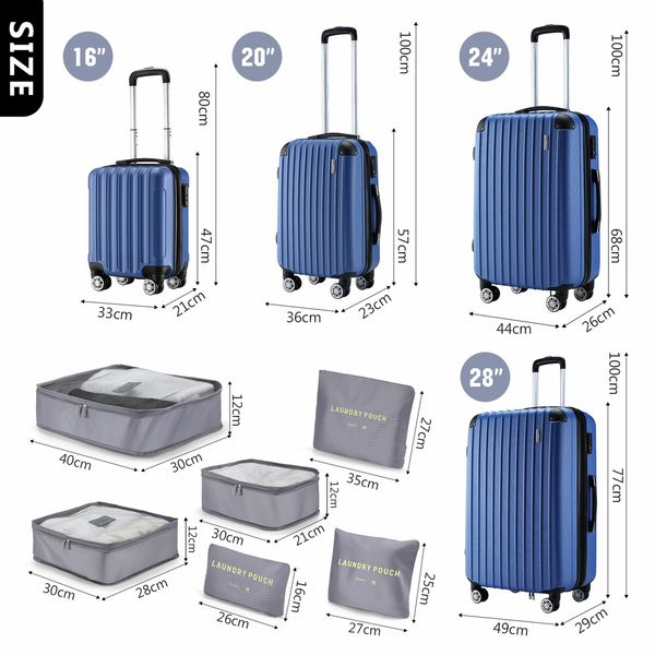 4 Piece Suitcase Set Carry On Luggage Traveller Bag Hard Shell TSA Lock Checked Trolley Rolling Lightweight Blue