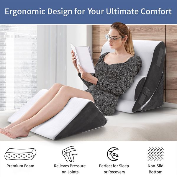 Triangle Wedge Pillow Bed Reading Cushion Set Acid Reflux Memory Foam Neck Pain Back Support Sleeping Velvet Fabric Leg Elevation