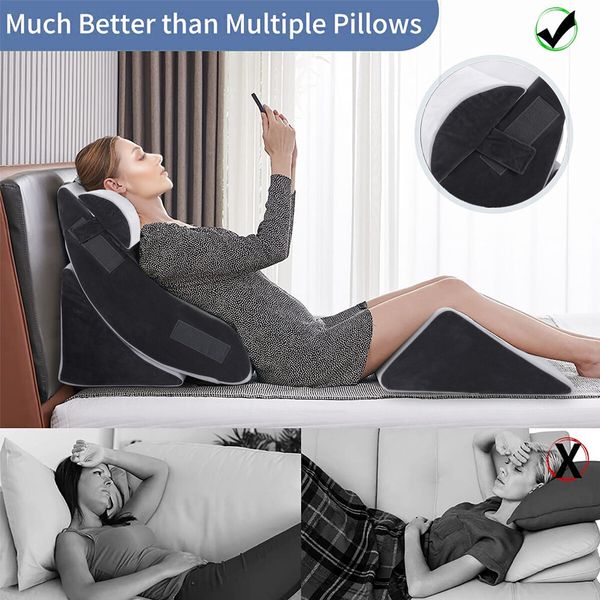 Triangle Wedge Pillow Bed Reading Cushion Set Acid Reflux Memory Foam Neck Pain Back Support Sleeping Velvet Fabric Leg Elevation