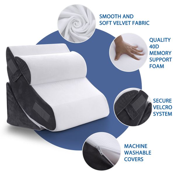 Triangle Wedge Pillow Bed Reading Cushion Set Acid Reflux Memory Foam Neck Pain Back Support Sleeping Velvet Fabric Leg Elevation