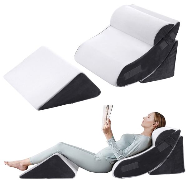 Triangle Wedge Pillow Bed Reading Cushion Set Acid Reflux Memory Foam Neck Pain Back Support Sleeping Velvet Fabric Leg Elevation