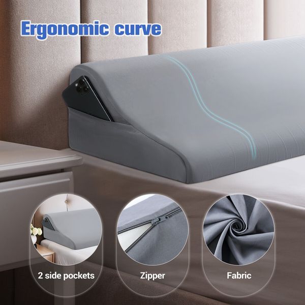 Wedge Pillow Bed Gap Filler Queen Size Foam Headboard Cushion Comfortable Bedrest with Side Pockets Grey