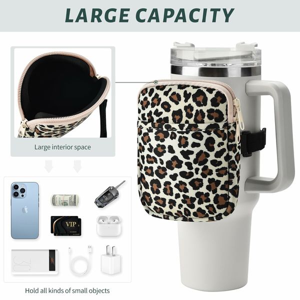 Water Bottle Pouch For Stanley Quencher Adventure 40oz & Stanley IceFlow 20oz 30oz,tumbler pouch with Pocket,for Cards,Keys,Wallet,Earphone,Compact,Versatile (Leopard)