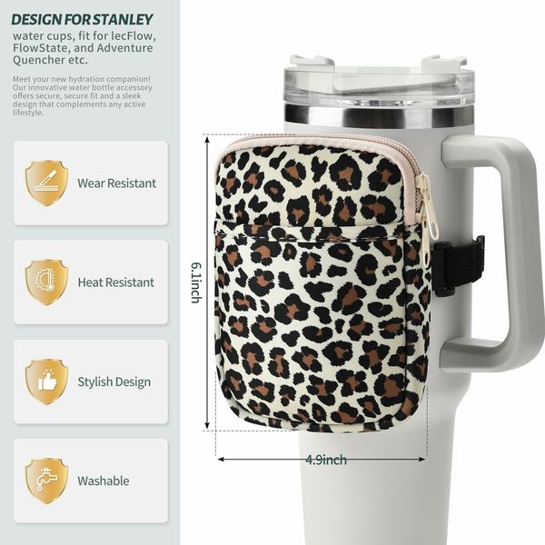 Water Bottle Pouch For Stanley Quencher Adventure 40oz & Stanley IceFlow 20oz 30oz,tumbler pouch with Pocket,for Cards,Keys,Wallet,Earphone,Compact,Versatile (Leopard)