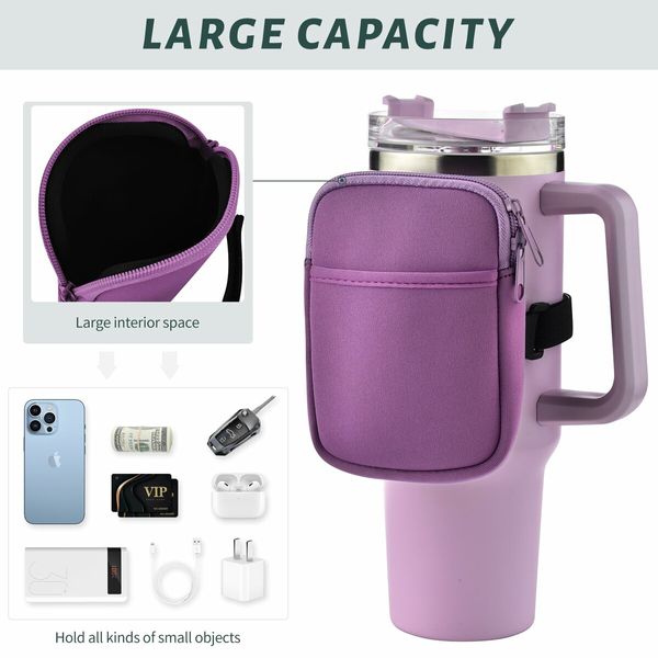 Water Bottle Pouch For Stanley Quencher Adventure 40oz & Stanley IceFlow 20oz 30oz,tumbler pouch with Pocket,for Cards,Keys,Wallet,Earphone,Compact,Versatile (Purple)