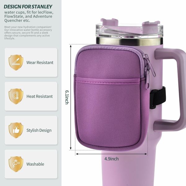 Water Bottle Pouch For Stanley Quencher Adventure 40oz & Stanley IceFlow 20oz 30oz,tumbler pouch with Pocket,for Cards,Keys,Wallet,Earphone,Compact,Versatile (Purple)