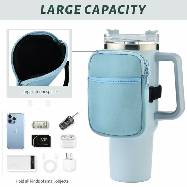 Water Bottle Pouch For Stanley Quencher Adventure 40oz & Stanley IceFlow 20oz 30oz,tumbler pouch with Pocket,for Cards,Keys,Wallet,Earphone,Compact,Versatile (Light Blue)