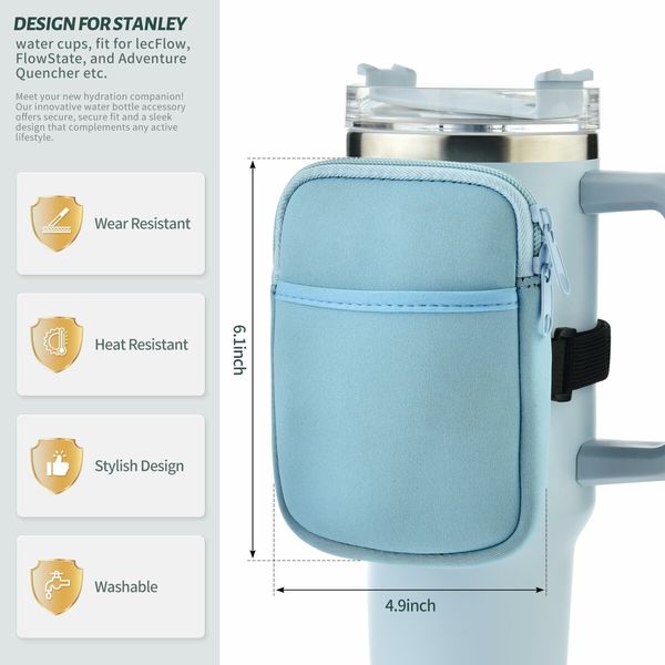 Water Bottle Pouch For Stanley Quencher Adventure 40oz & Stanley IceFlow 20oz 30oz,tumbler pouch with Pocket,for Cards,Keys,Wallet,Earphone,Compact,Versatile (Light Blue)