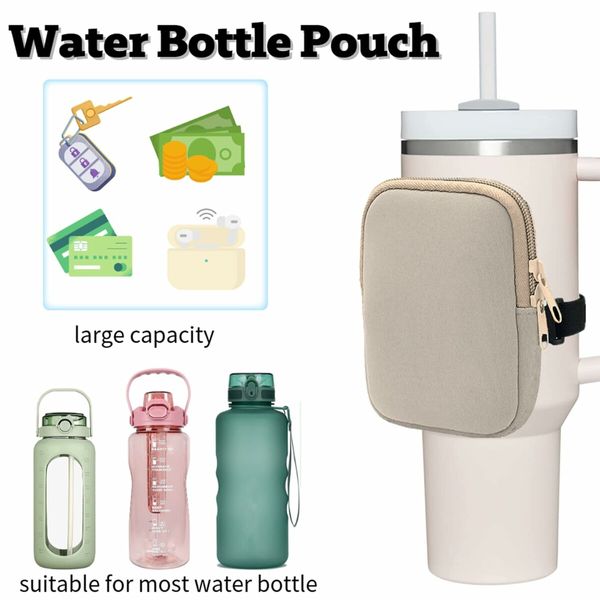 Water Bottle Pouch For Stanley Quencher Adventure 40oz & Stanley IceFlow 20oz 30oz,tumbler pouch with Pocket,for Cards,Keys,Wallet,Earphone,Compact,Versatile (Khaki)