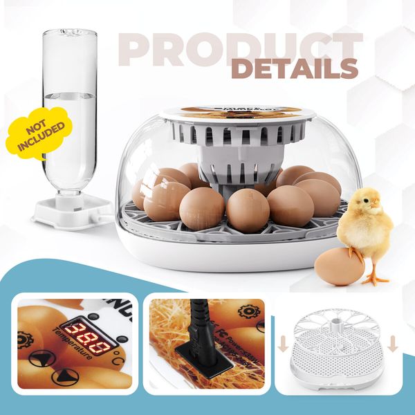 12 Eggs Incubator Automatic Hatching Chicken Quail Duck Hatcher Turner Transparent Humidity Temperature Control