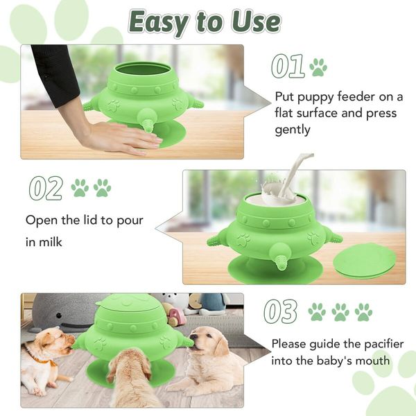 Puppy Feeder 4 Teats Puppy Milk Feeder Silicone Puppy Nursing Station, 240ml Puppy Nursing Bottles for Kittens Rabbits-Green