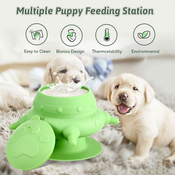 Puppy Feeder 4 Teats Puppy Milk Feeder Silicone Puppy Nursing Station, 240ml Puppy Nursing Bottles for Kittens Rabbits-Green