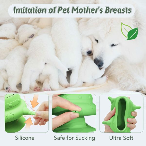 Puppy Feeder 4 Teats Puppy Milk Feeder Silicone Puppy Nursing Station, 240ml Puppy Nursing Bottles for Kittens Rabbits-Green