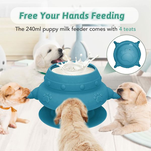 Puppy Feeder 4 Teats Puppy Milk Feeder Silicone Puppy Nursing Station, 240ml Puppy Nursing Bottles for Kittens Rabbits-Blue