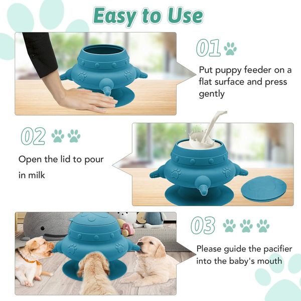 Puppy Feeder 4 Teats Puppy Milk Feeder Silicone Puppy Nursing Station, 240ml Puppy Nursing Bottles for Kittens Rabbits-Blue